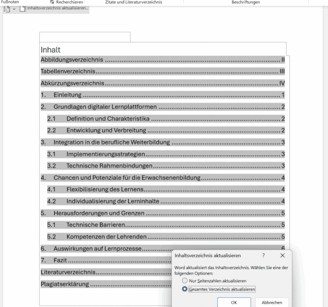 Inhaltsverzeichnis aktualisieren